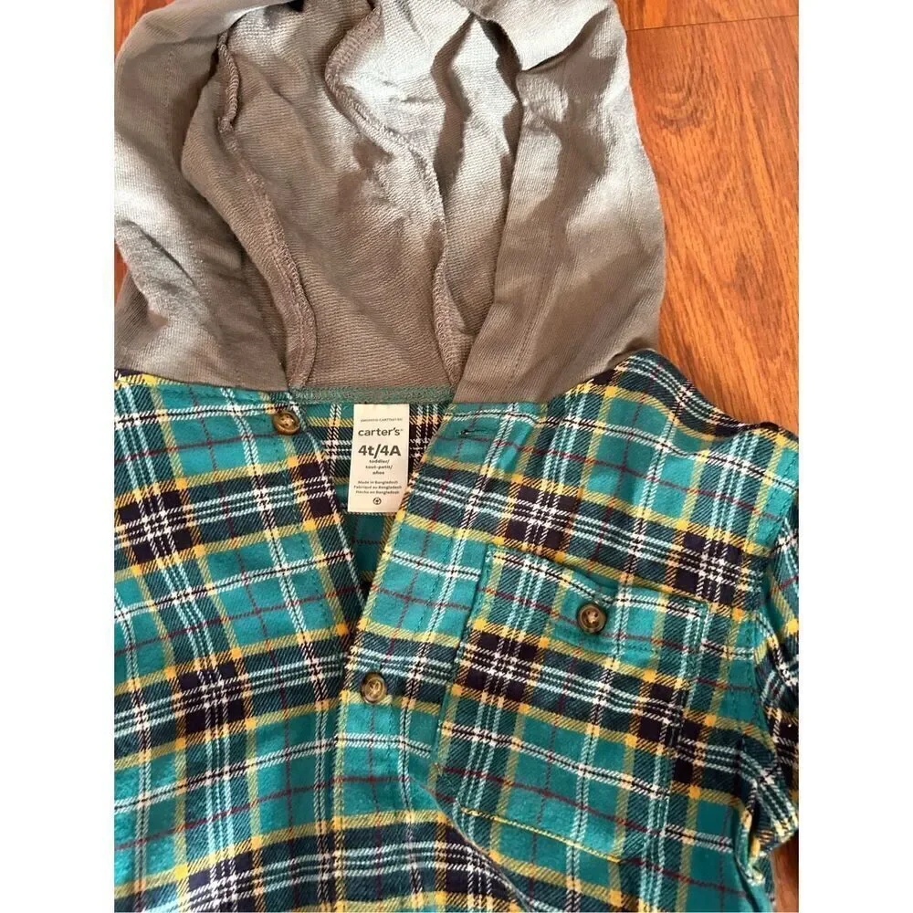 NWT Carters green and gray flannel long sleeve hoodie button-down shirt size 4T